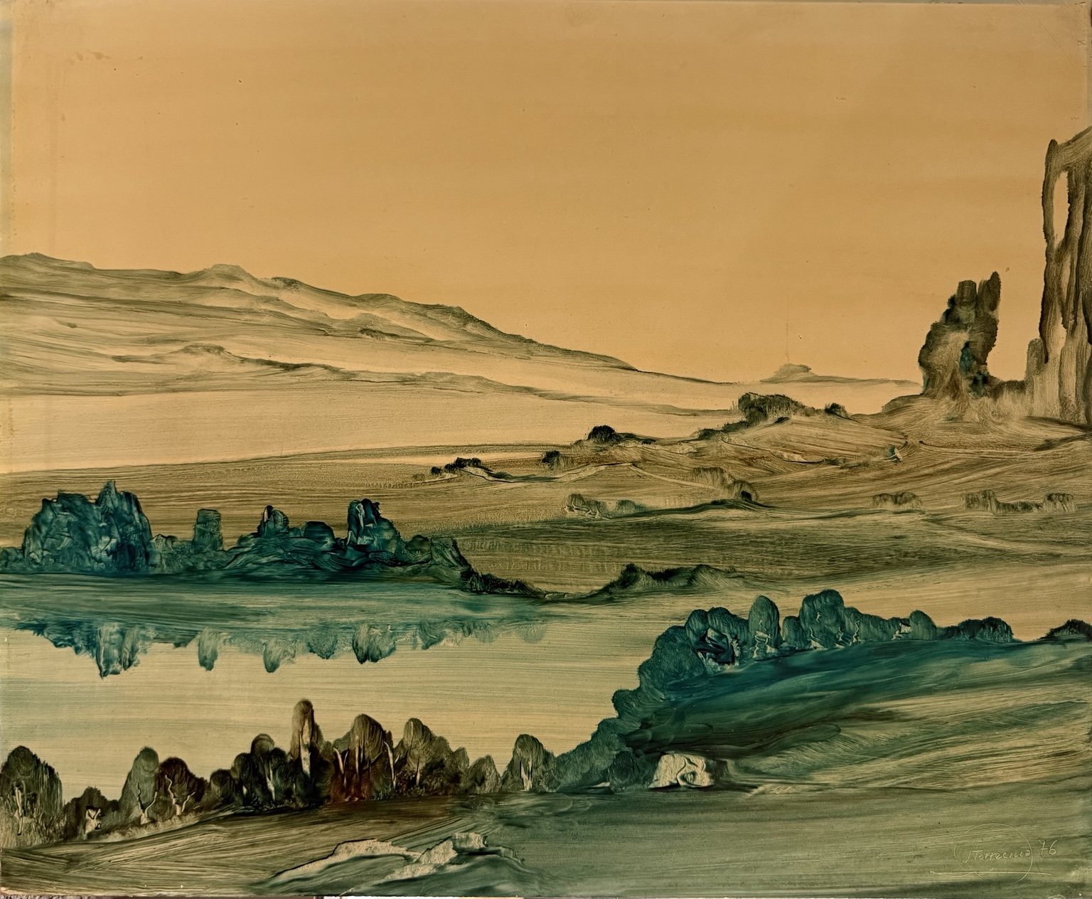 Paisaje imaginario de José Torrecilla Antelo, 1976: una llanura en tonos tierra y verdes azulados con masas rocosas bajo un horizonte profundo