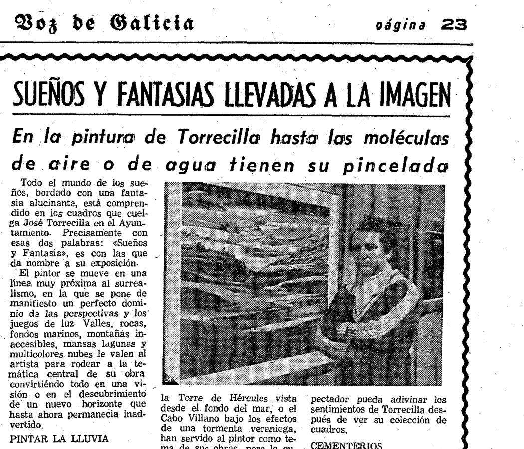 Página 23 de La Voz de Galicia del 14 de enero de 1976 con el artículo «Sueños y fantasías llevadas a la imagen», dedicado a la pintura de Torrecilla